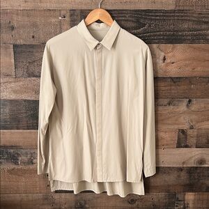 ADAY Women’s “Something Cool”  Sand Color Sustainable Eco Chic Button Down Small